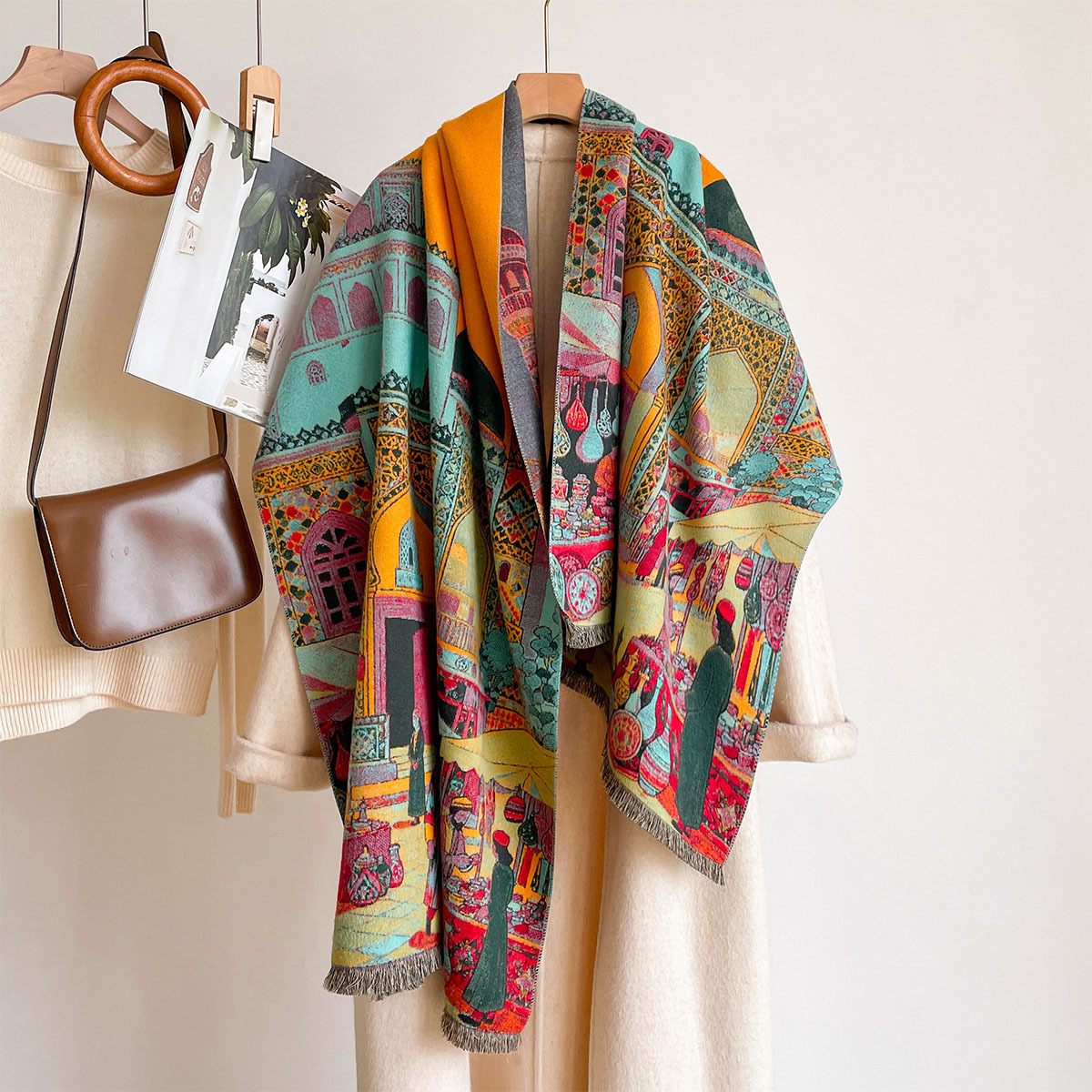 Cashmere Pashmina Wrap - Syal Wanita Imitasi Kasmir, Kerudung Reversible,